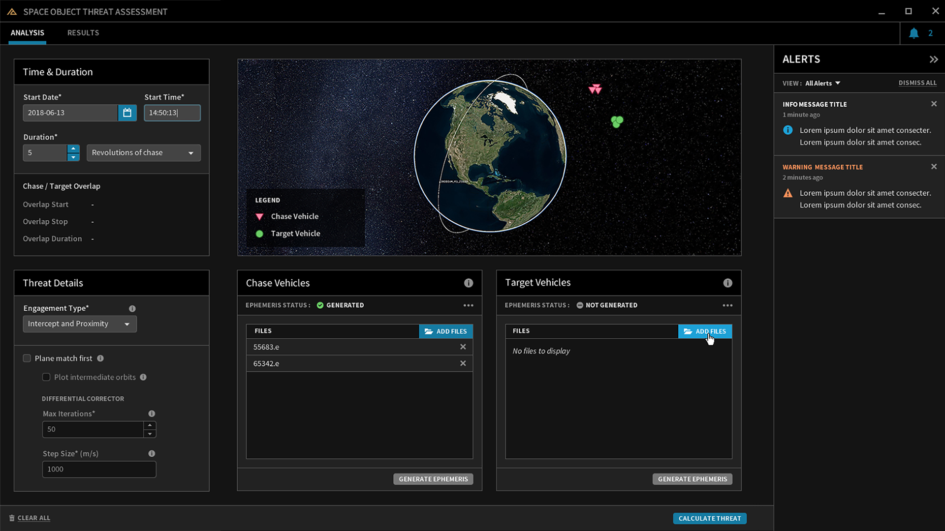 Picture of COMSPOC's Space Object Threat Assessment (SOTA) dash panel detailing chase and target vehicles their engagement type and alerts. 